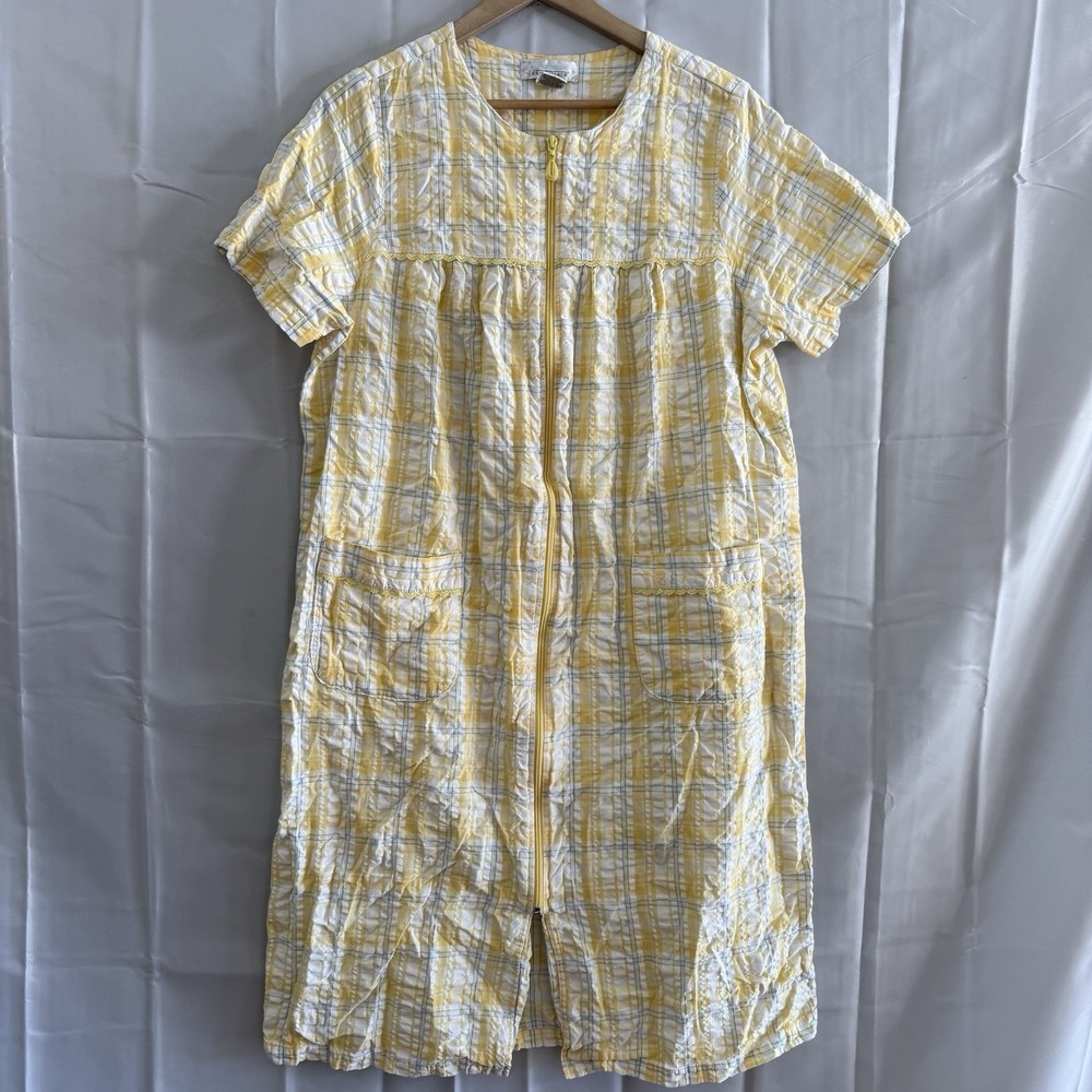 Vtg Intimate Essentials Yellow Plaid Seersucker Mumu Robe House Coat L Cottage